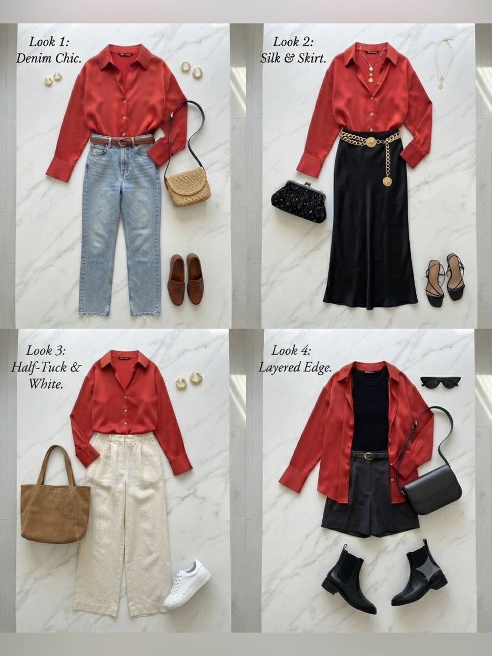 Silky Red Button-Front Blouse
